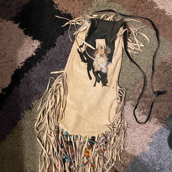 Vintage handmade LEATHER wine bag / purse fringe - Picture 1 of 5